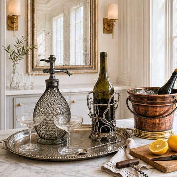 Antique French barware with a wire-covered siphon, champagne coupes, silver tray, bottle holder, corkscrew and copper wine cooler.