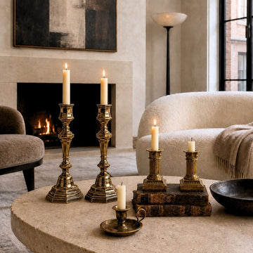 Antique French brass candlesticks and a chamberstick arranged on a stone table in an elegant contemporary living room.