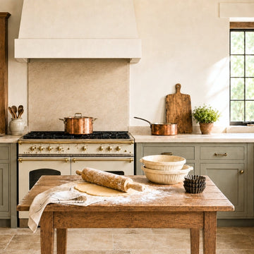 Antique French copper cookware, ceramic mixing bowls, tart molds and a flour-dusted rolling pin in an elegant country kitchen.