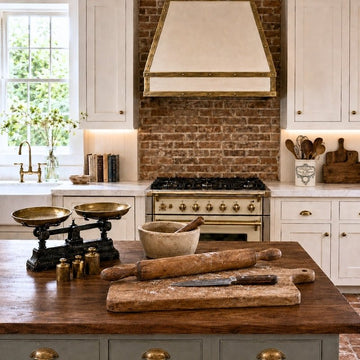 Antique French culinary tools with a balance scale, brass weights, stone mortar and pestle, rolling pin and kitchen knife.