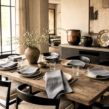 Antique French monogrammed linen napkins arranged on a rustic dining table in an elegant contemporary interior.