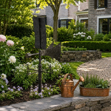 Antique French iron weathervane displayed in a landscaped garden beside a copper watering can and herb planter.