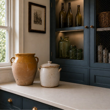 Antique French storage jars, stoneware crocks, green glass bottles and woven baskets arranged in an elegant pantry.