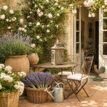 A rustic patio with a metal table and chairs, surrounded by blooming flowers, potted plants, a wicker basket of lavender, a lantern, a watering can, and an open door leading inside.