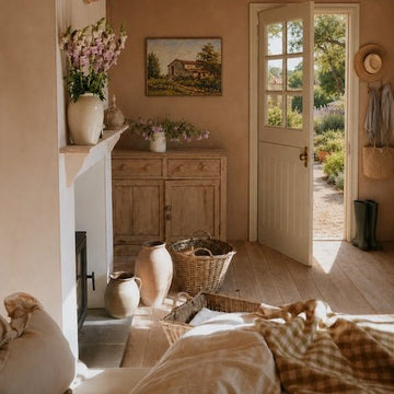 Cozy rustic room with sunlight streaming through an open door, showing a garden outside. Wicker baskets, clay pots, flowers in vases, and soft neutral decor create a warm, inviting atmosphere.