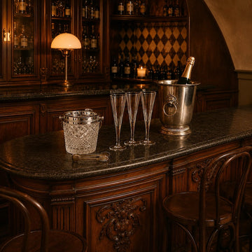 A vintage-style bar with dark wood cabinets, three tall champagne glasses, a silver ice bucket with champagne, a crystal ice bucket with tongs, and warm ambient lighting.