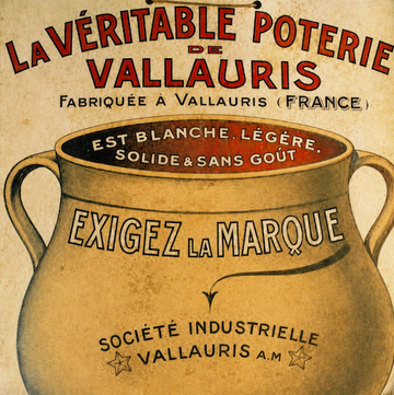 Vintage French advertisement for Vallauris pottery, featuring a large pot and bold text promoting the brand as light, solid, tasteless, and made in Vallauris, France.
