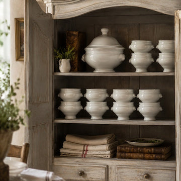 A rustic wooden cabinet displays stacked white dishes, bowls, a covered tureen, and a small pitcher. Folded linens and old books sit on the bottom shelf; a plant is visible on the table nearby.