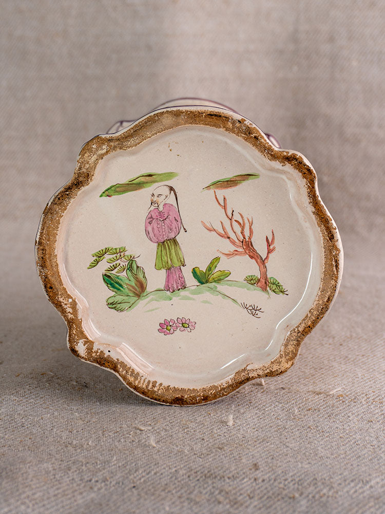 Antique French faience cache pot, 18th century, hand-painted chinoiserie figures and foliage, detailed period decoration.