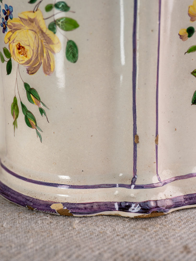 Antique French faience cache pot, 18th century hand painted chinoiserie, yellow roses, rim chips, on textured beige fabric.