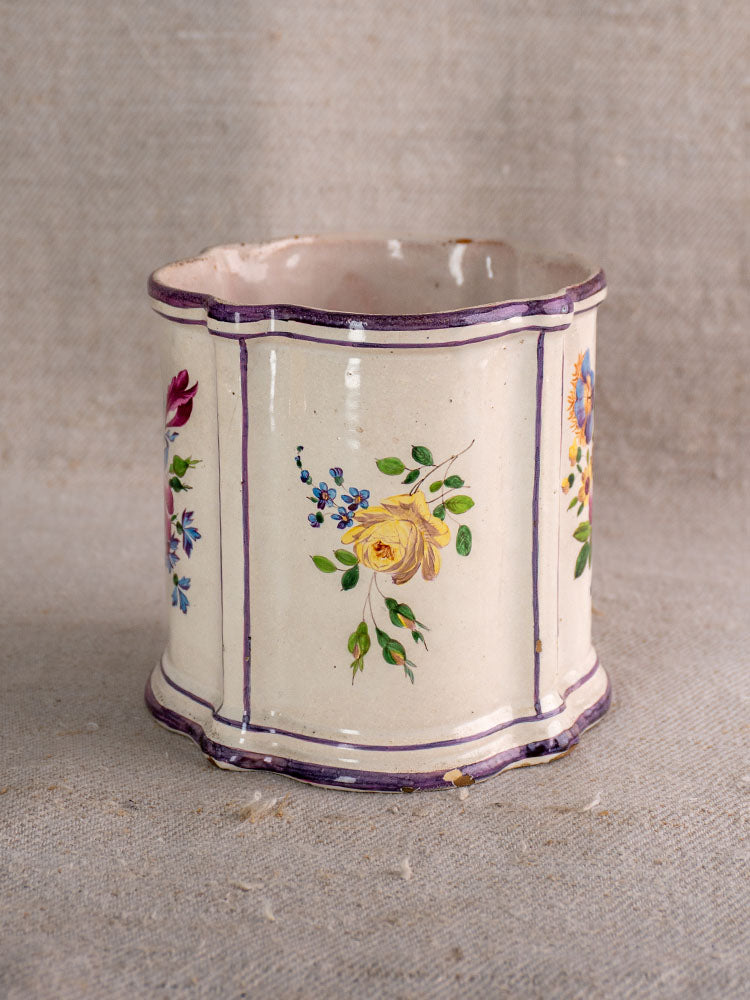 18th century French faience cache pot, hand-painted Chinoiserie, cream ceramic, scalloped edge, Marseille-inspired detailing.