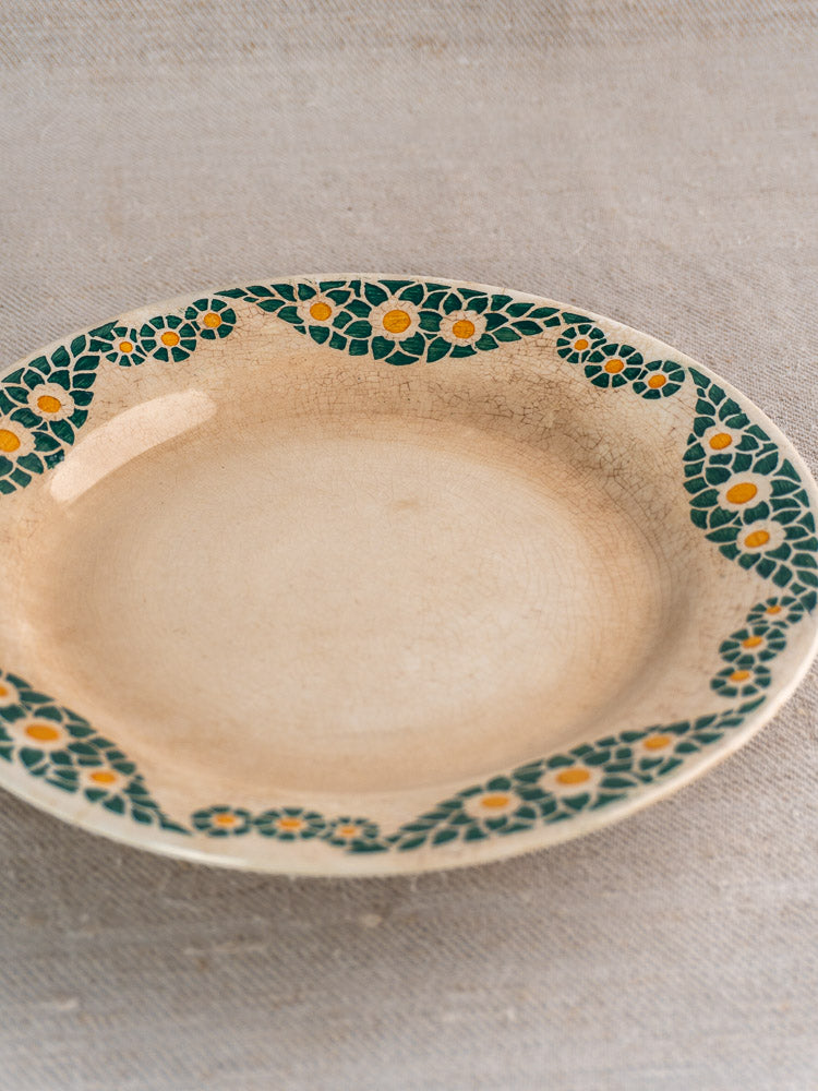 Antique French faience plate set by HBCM Creil Montereau, Trebeurden pattern with beige center and green leaf, yellow flower border.