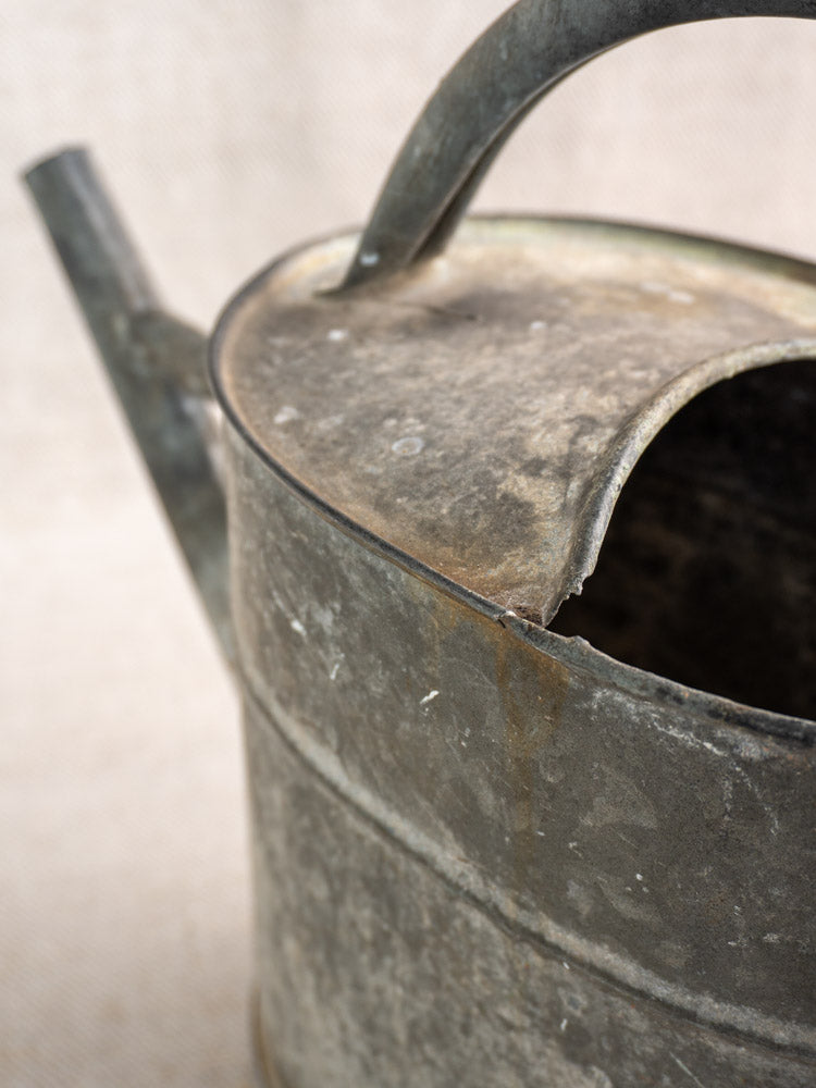 Antique French galvanized zinc watering can with worn, rusted handle and spout on neutral textured background.