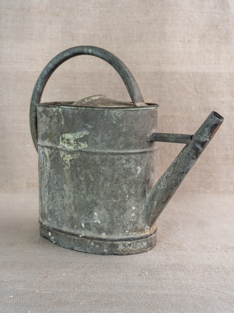 Antique French zinc watering can with curved handle and long spout, on beige surface with fabric backdrop.