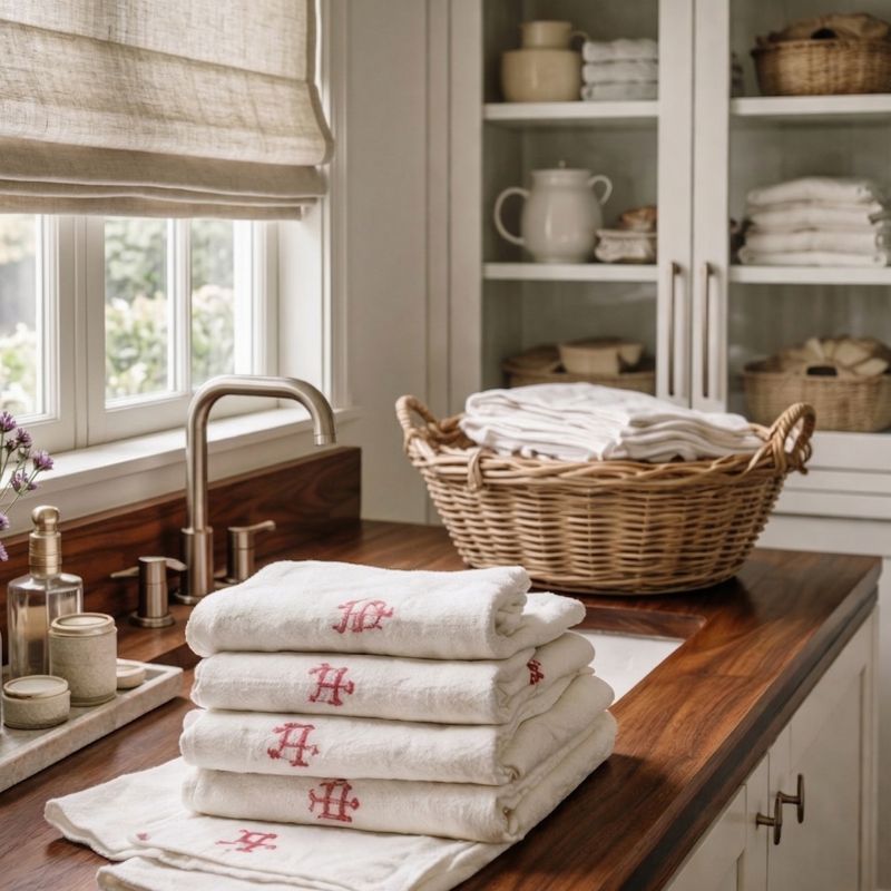 French vintage linen towels with red monogram embroidery