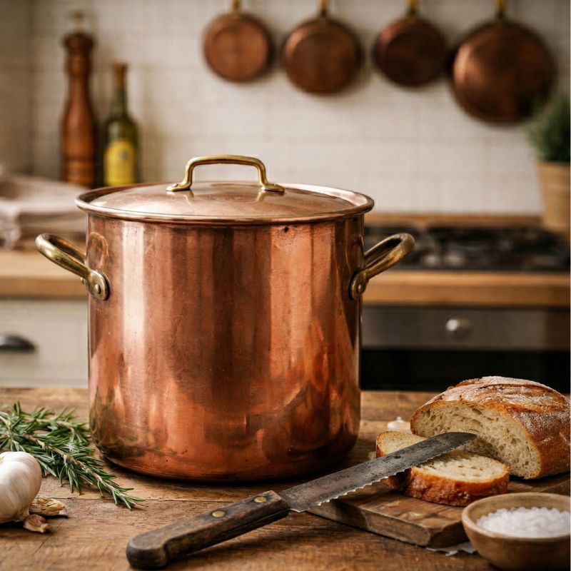 Antique French copperware in a kitchen setting