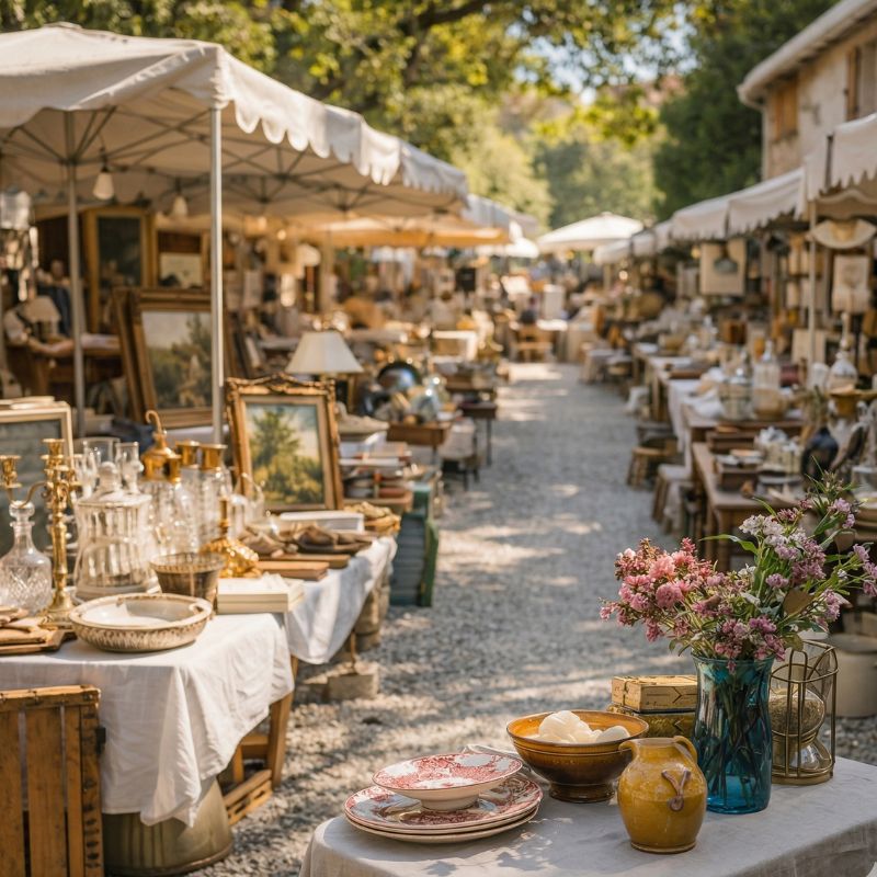 Provençal brocante market with antique tables and pottery