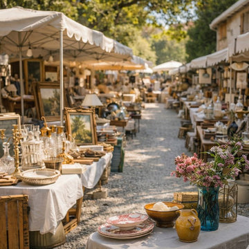 provençal brocante market with antique tables, pottery, glassware, and framed artwork displayed along sunlit outdoor stalls