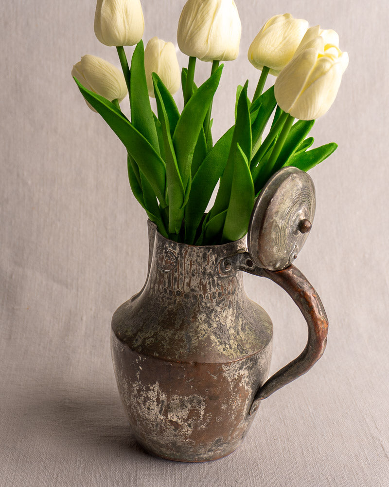 Antique French copper Coquemar pitcher by Allez Frères Paris with hinged lid and white tulips.