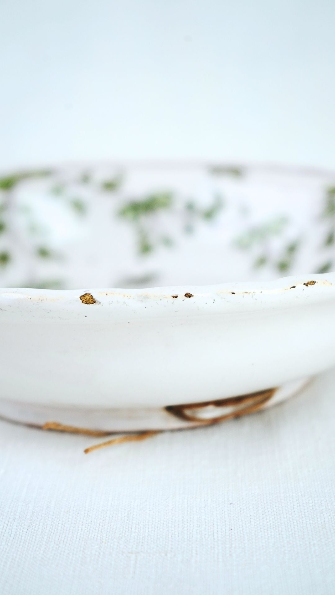 French faience chinoiserie earthenware bowl featuring a green botanical pattern and worn edges.