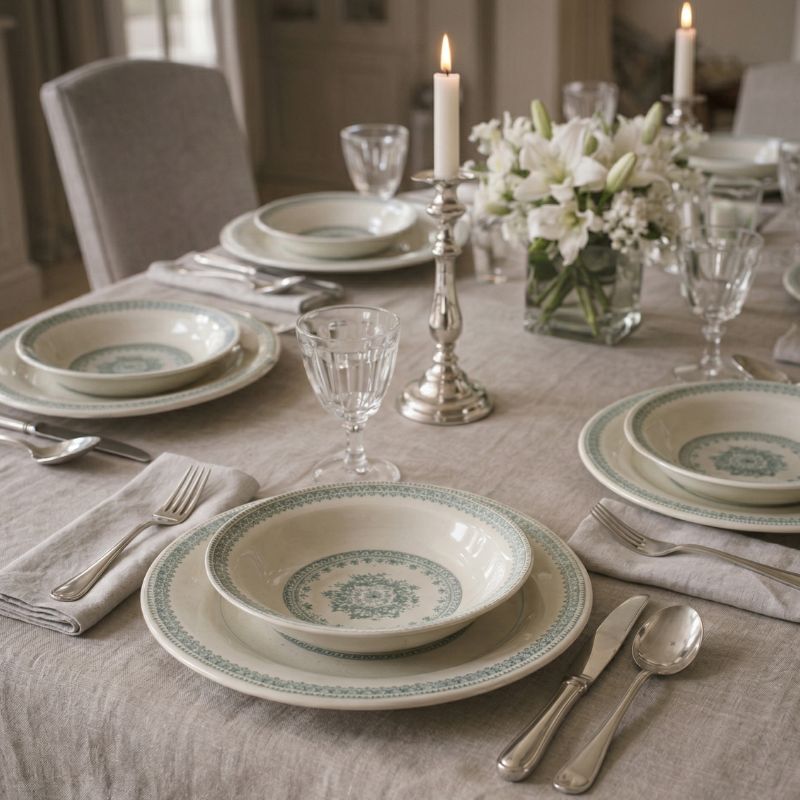 Provençal table setting with terre de fer plates and glassware