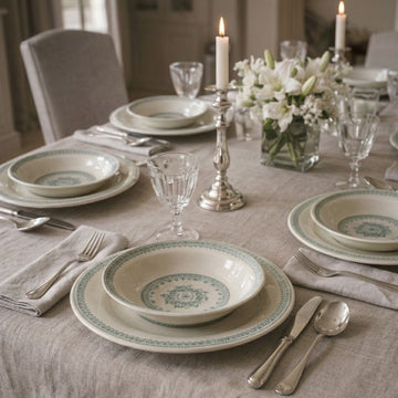provençal table setting with terre de fer plates, assiette creuse, silver cutlery, glassware, and lilies