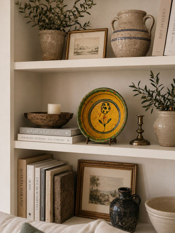 Bookshelf styled with pottery, framed art, yellow decorative plate, books, candle, brass candlestick, and olive branches in vases.