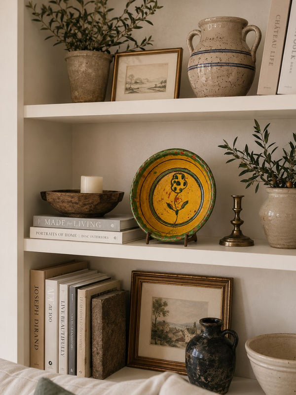 Bookshelf styled with pottery, framed art, yellow decorative plate, books, candle, brass candlestick, and olive branches in vases.