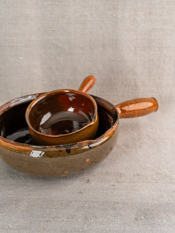 Pair of antique French ceramic poêlons by Grandjean Jourdan Vallauris, brown glaze, mid-20th century.