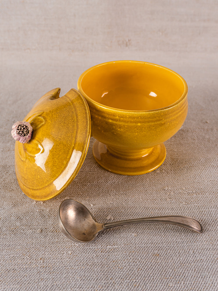 Vintage French yellow soupière, signed Eyguières Provençal tureen with lid, on light textured surface, silver spoon in front.