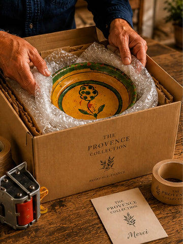 Colorful ceramic plate wrapped in bubble wrap being packed into The Provence Collection box with tape and thank you card nearby.