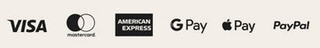 Visa, Mastercard, American Express, Google Pay, Apple Pay, and PayPal icons in black on a light background.