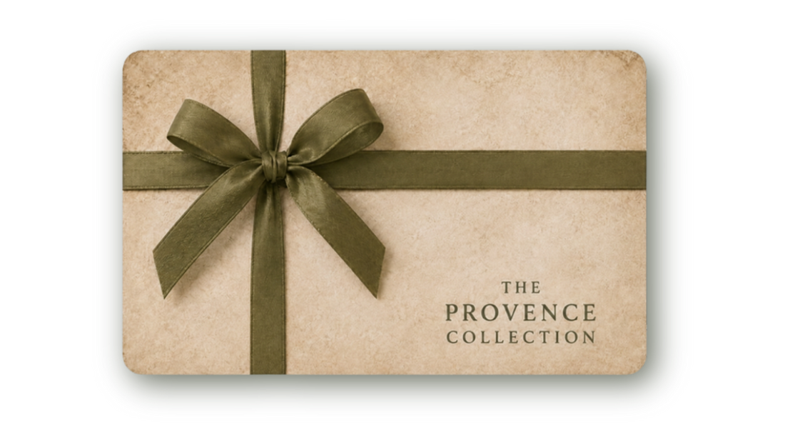 Provence Collection Gift Card with olive green ribbon, textured beige background, and antique-style black script in lower right corner.