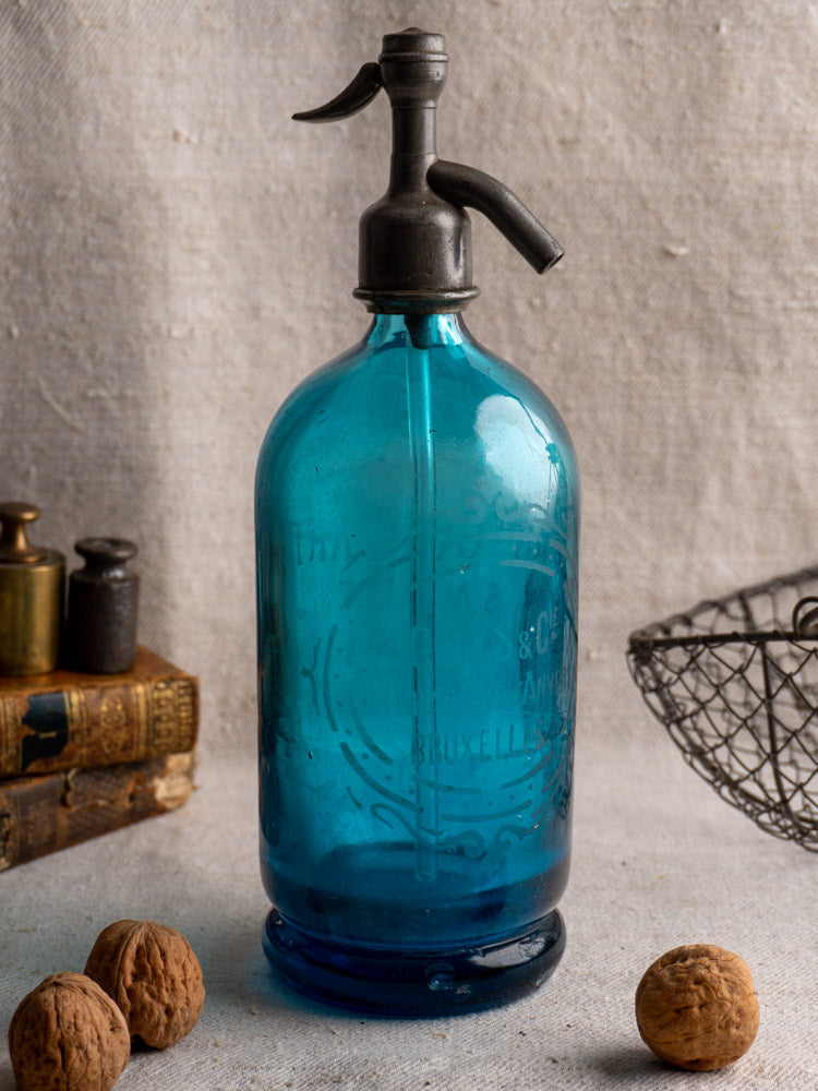 Antique Belgian turquoise blue glass soda siphon etched “Bruxelles,” with walnuts and old books on textured fabric.