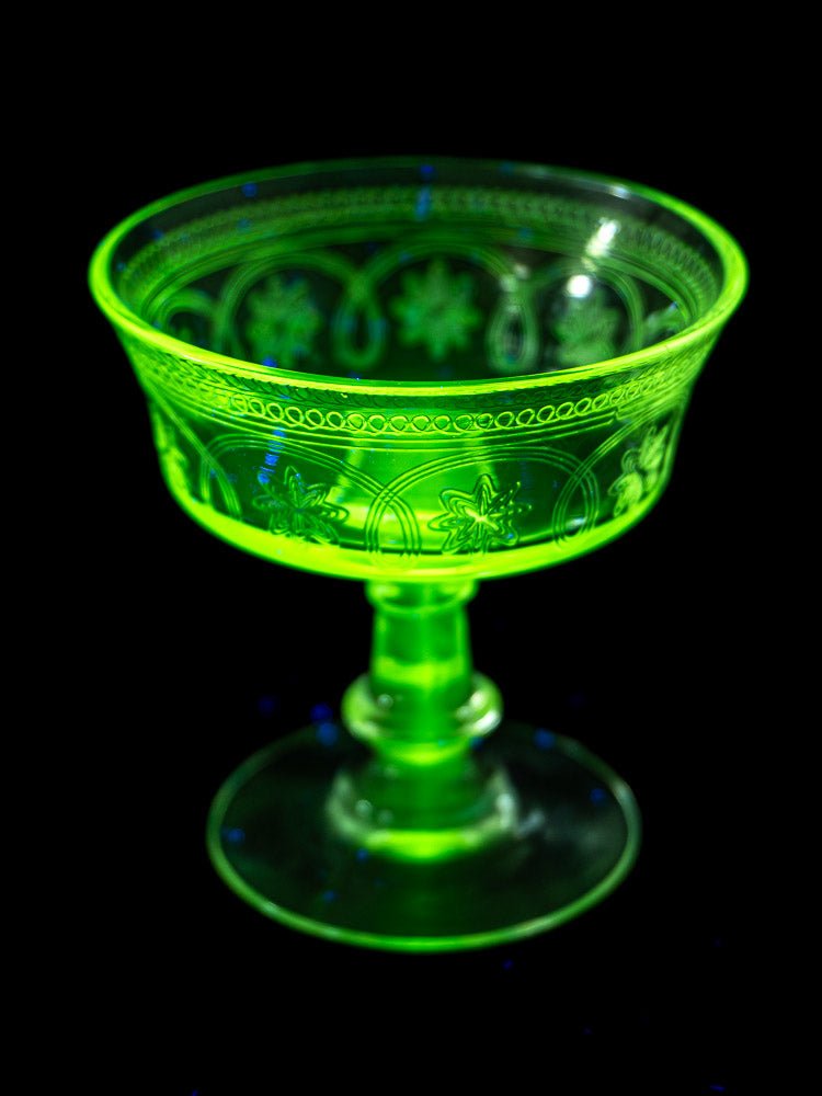 Set of six antique French uranium glass coupes with floral patterns glowing under blacklight.