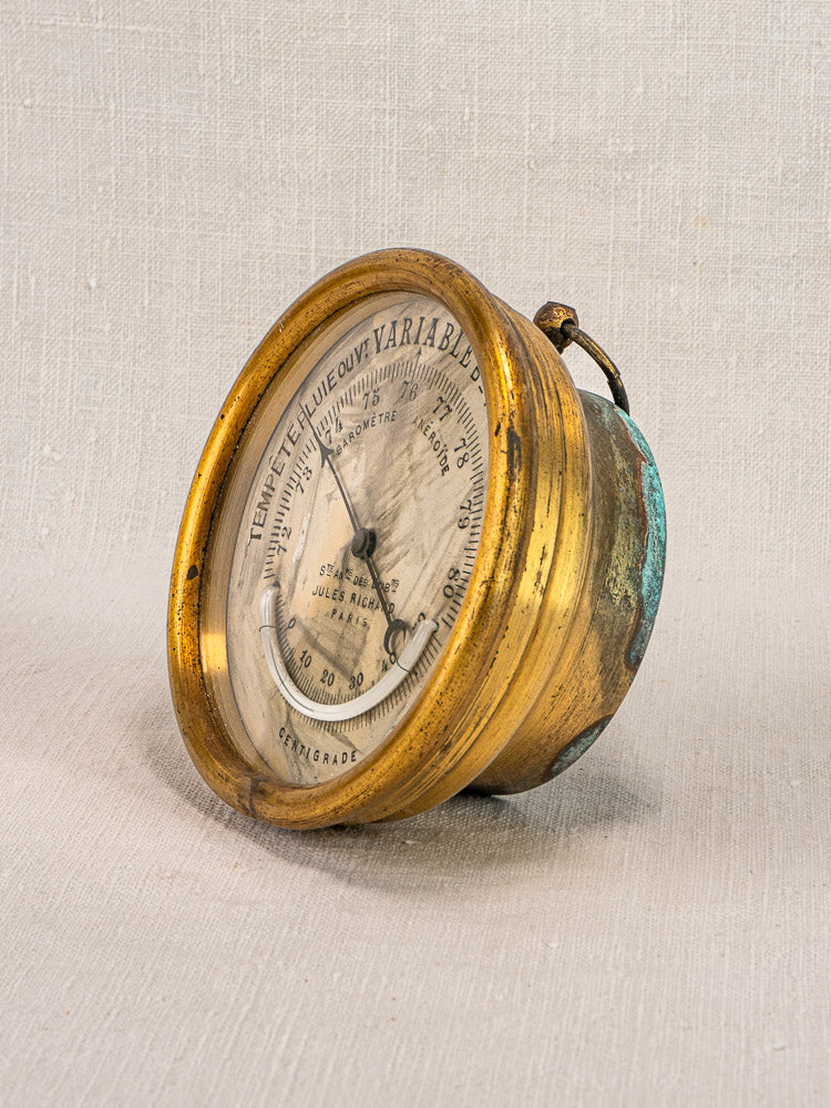 Antique French barometer by Jules Richard, Paris, early 20th century, brass case with centigrade thermometer and pressure gauge.