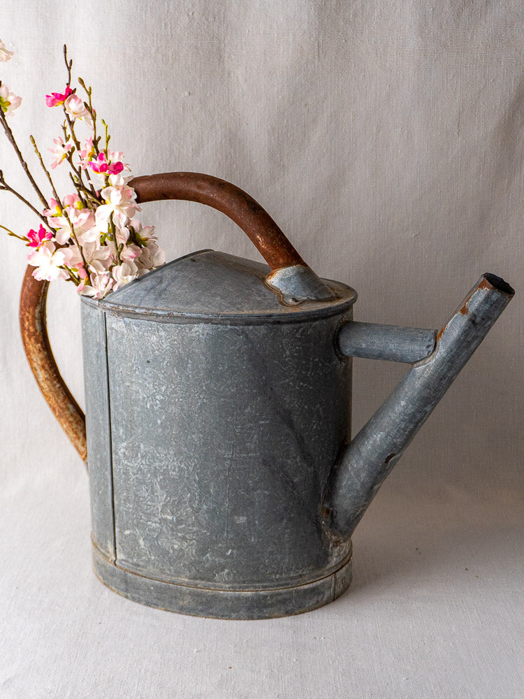 Antique French zinc oval watering can with rusted handle, filled with faux cherry blossoms.