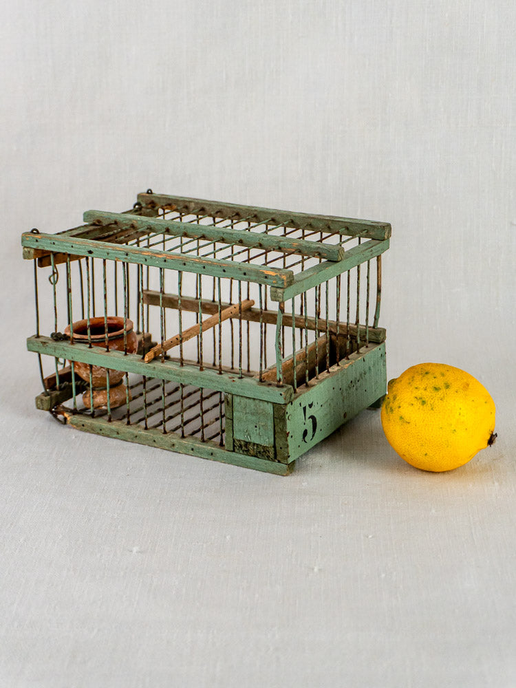 Antique French sage green bird cage with weathered finish and number 5, beside a lemon on fabric.