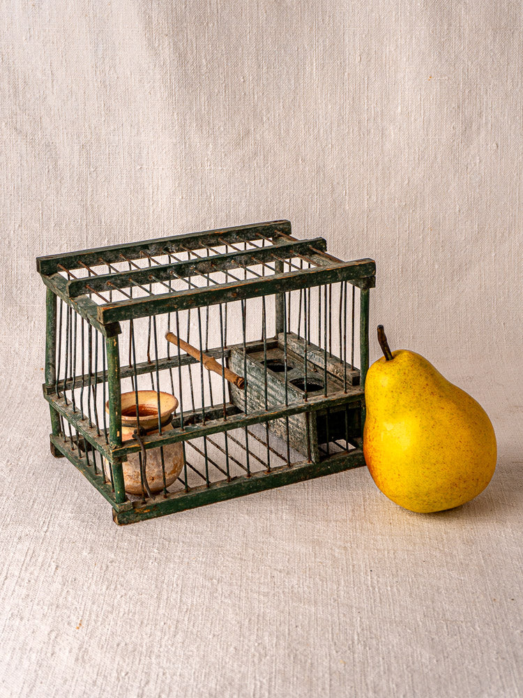 Antique French bird cage circa 1900 with green frame, vertical bars, wooden perch, and original terracotta feeder.