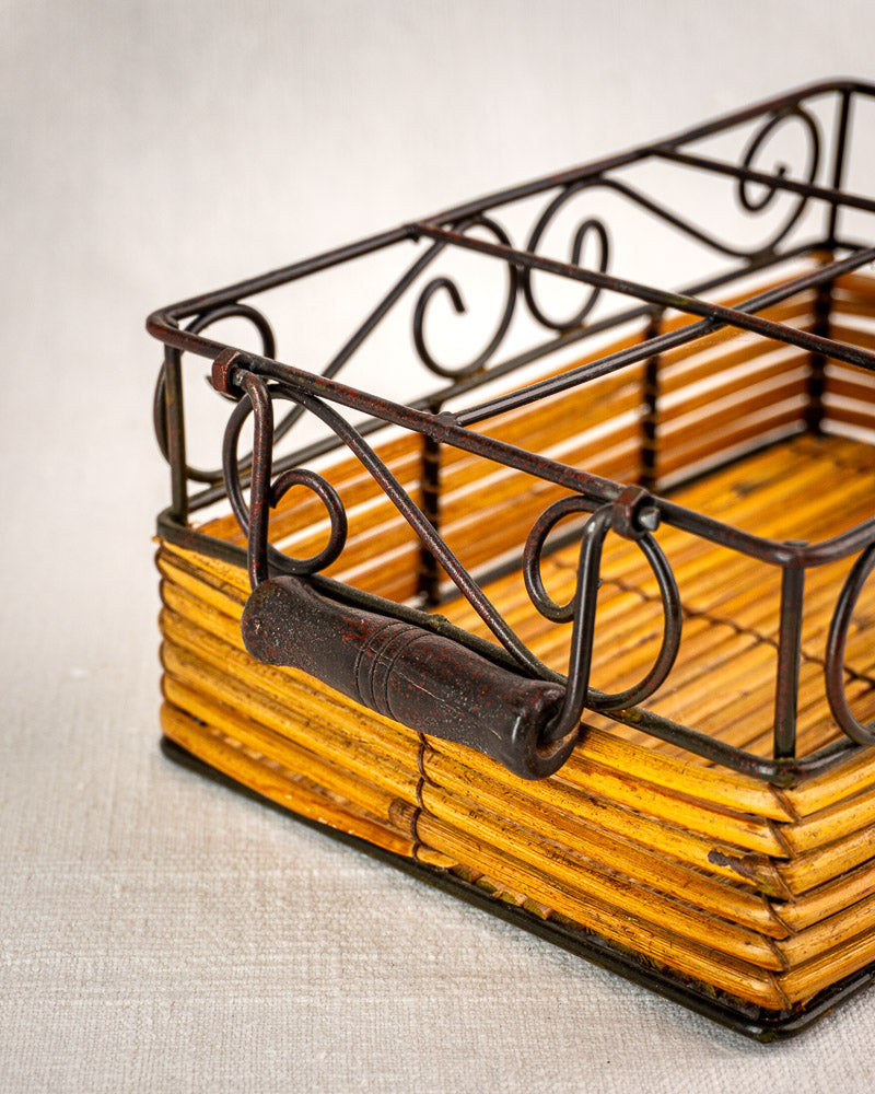 Vintage French bistro glass caddy in wrought iron and rattan with wood base, holds six fluted tumblers.