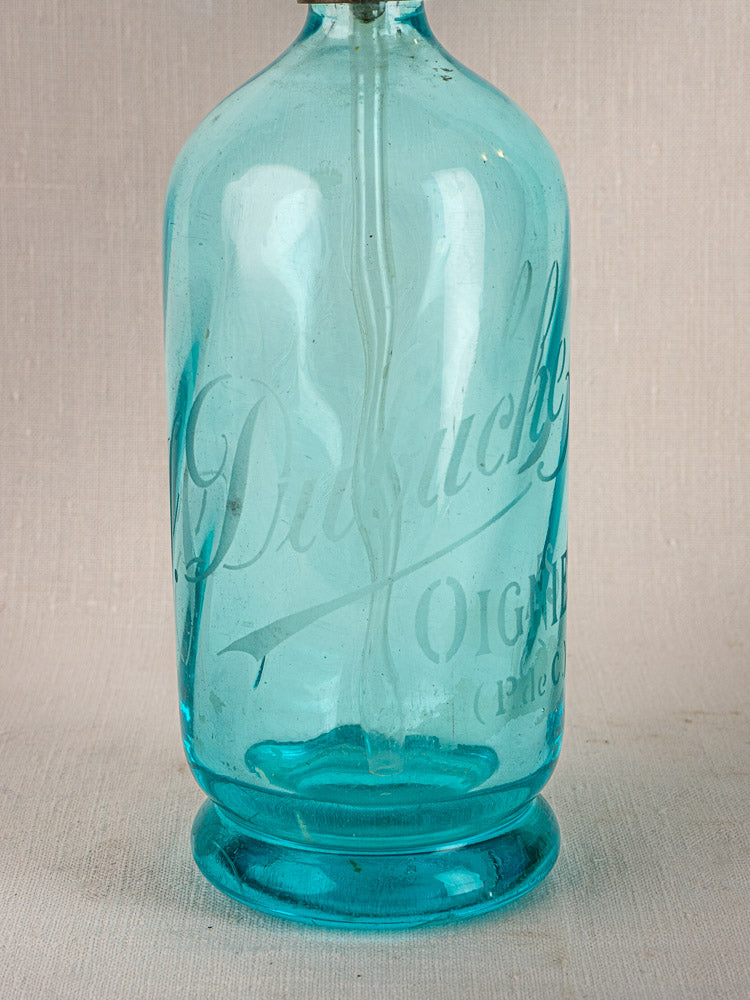 J. Dubuche antique French bistro soda siphon bottle in blue glass with “Dubach” etching.