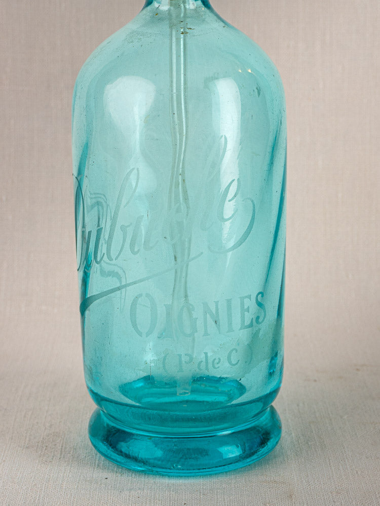 Antique French J. Dubuche soda siphon in vintage blue glass with white etched lettering.