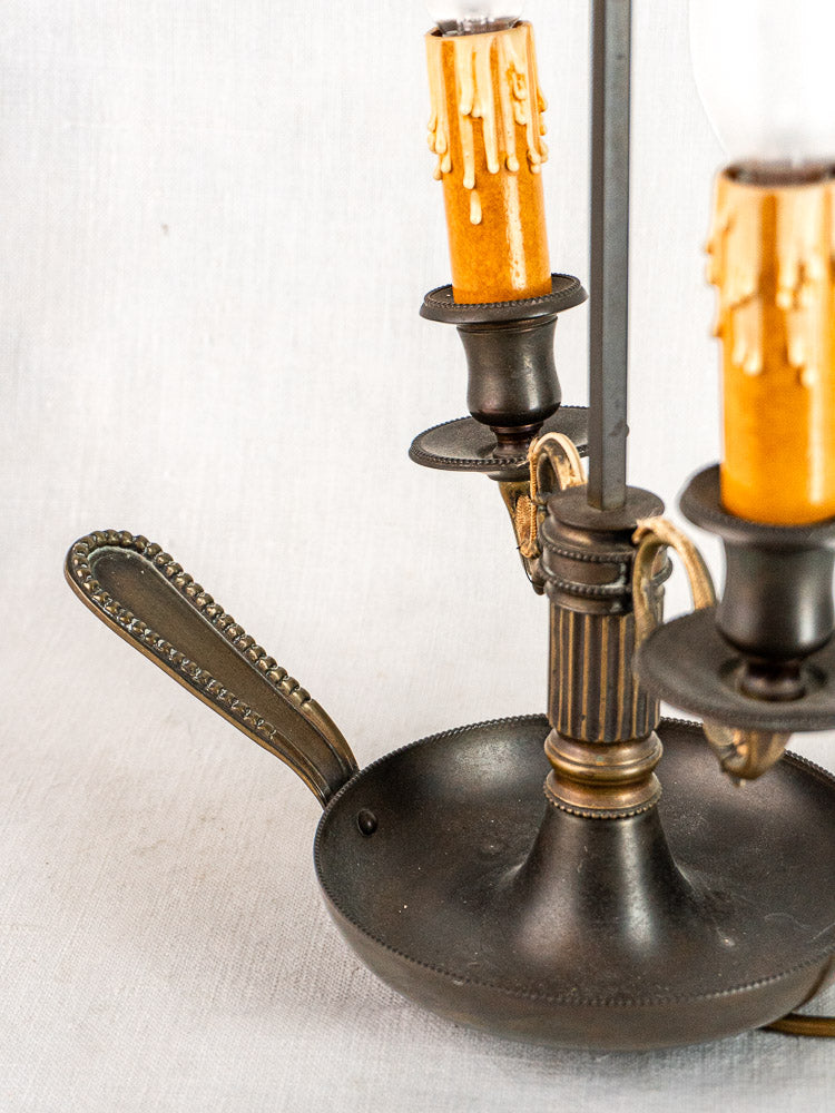 French Bouillotte lamp in vintage Louis XVI style with green tôle shade and dual candle lights.