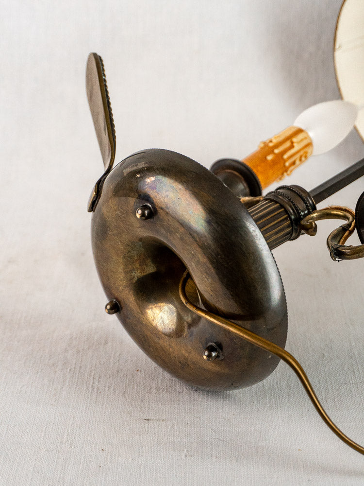 French Bouillotte Lamp with vintage green tôle shade, donut-shaped base, candle bulb, Louis XVI style.