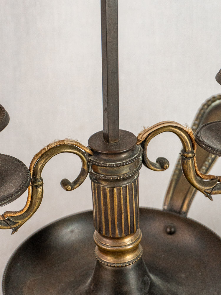 French Bouillotte lamp with gold and dark bronze ornate base, Louis XVI style, green tôle shade.