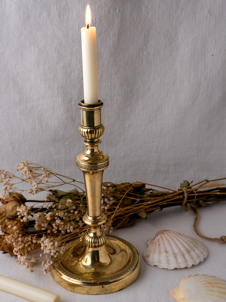 Empire Palmette Brass Candlestick with lit white candle, accompanied by dried flowers and seashell.