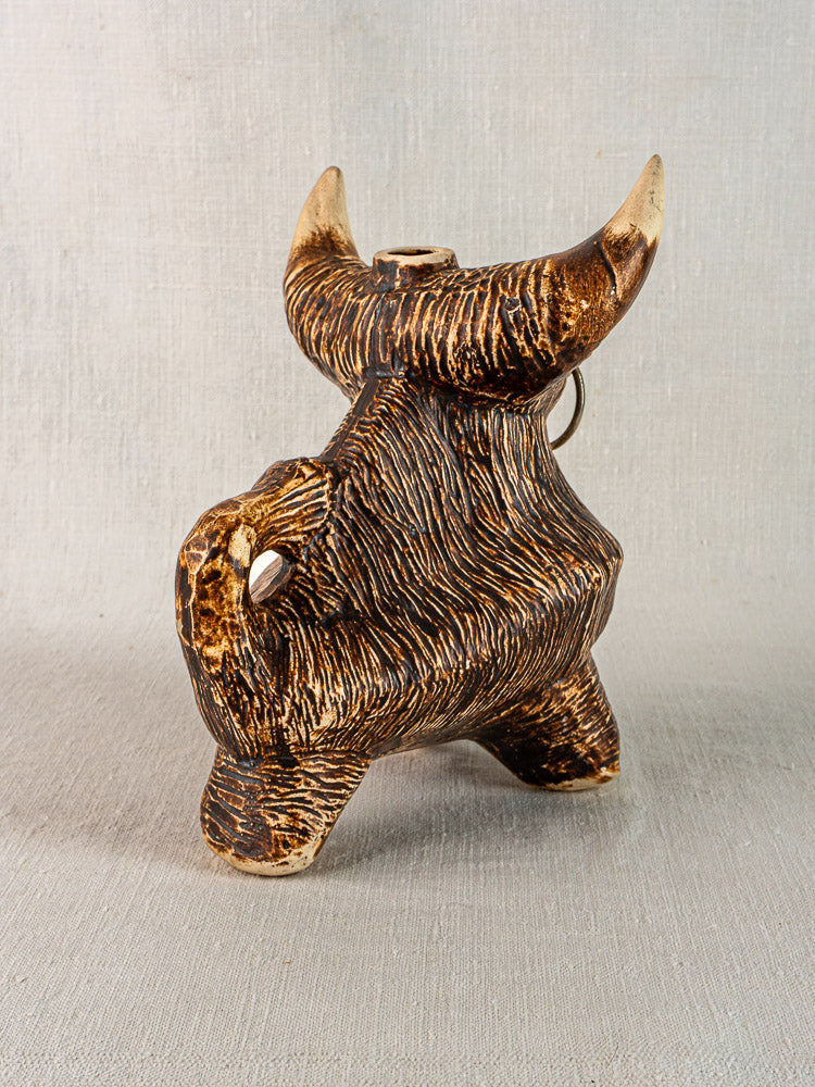 Vintage French bull zoomorphic ceramic pitcher, circa 1950, with textured brown and tan glaze and distinctive curved horns.