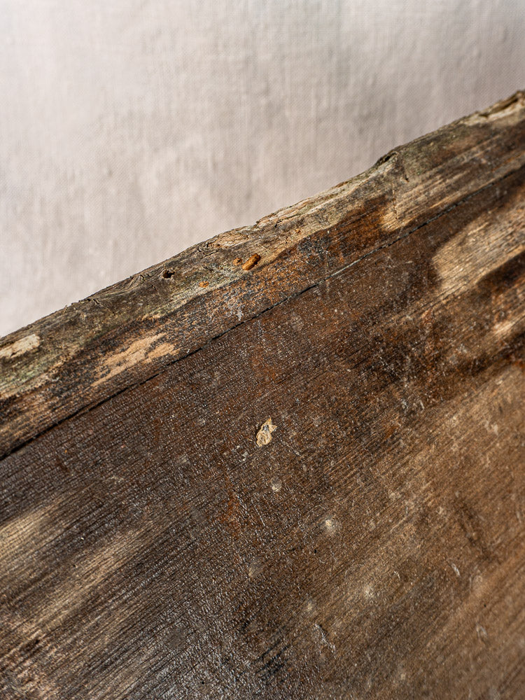 Antique French child’s swing, weathered wood and iron, c. 1900, with textured grain and patina.