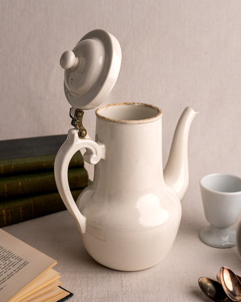Early 20th century French Limoges Frugier aluminite porcelain coffee pot with books and tableware.