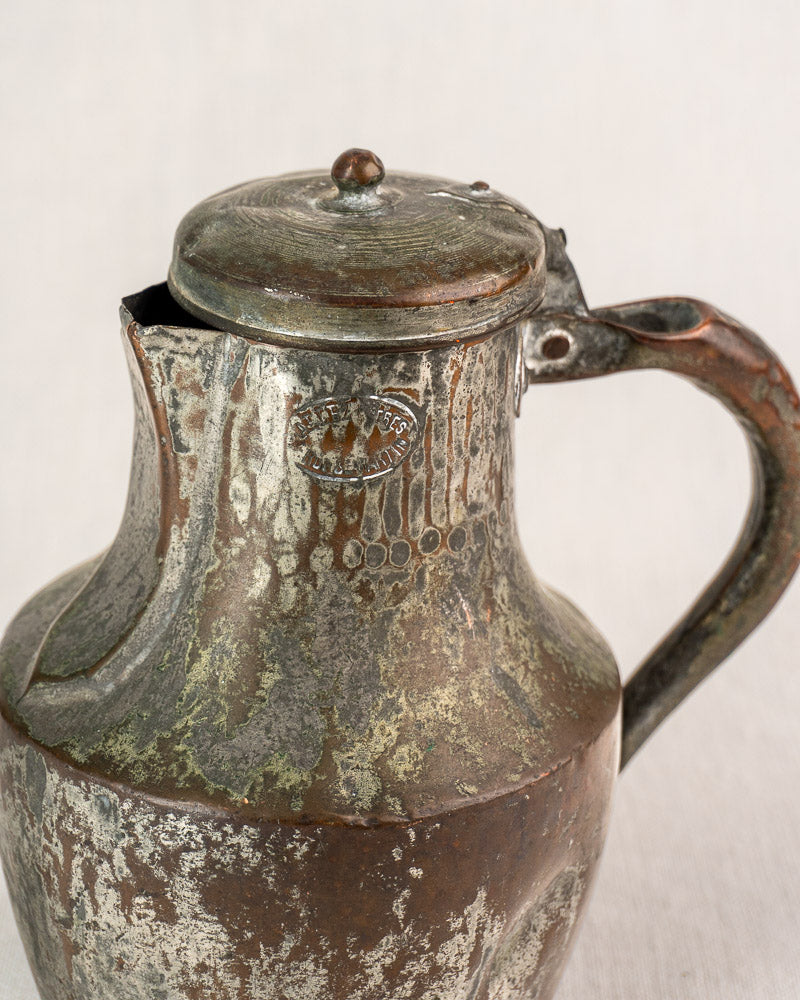 Vintage French copper Coquemar pitcher by Allez Frères Paris with hinged lid and rich patina.